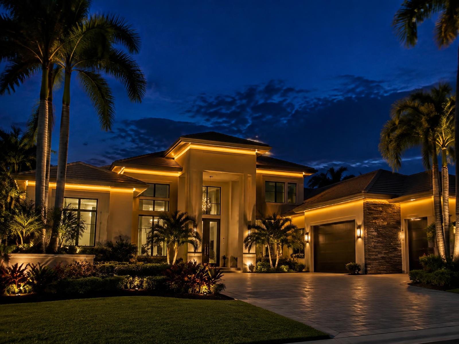 Modern Florida home with permanent app-controlled Christmas roofline lighting
